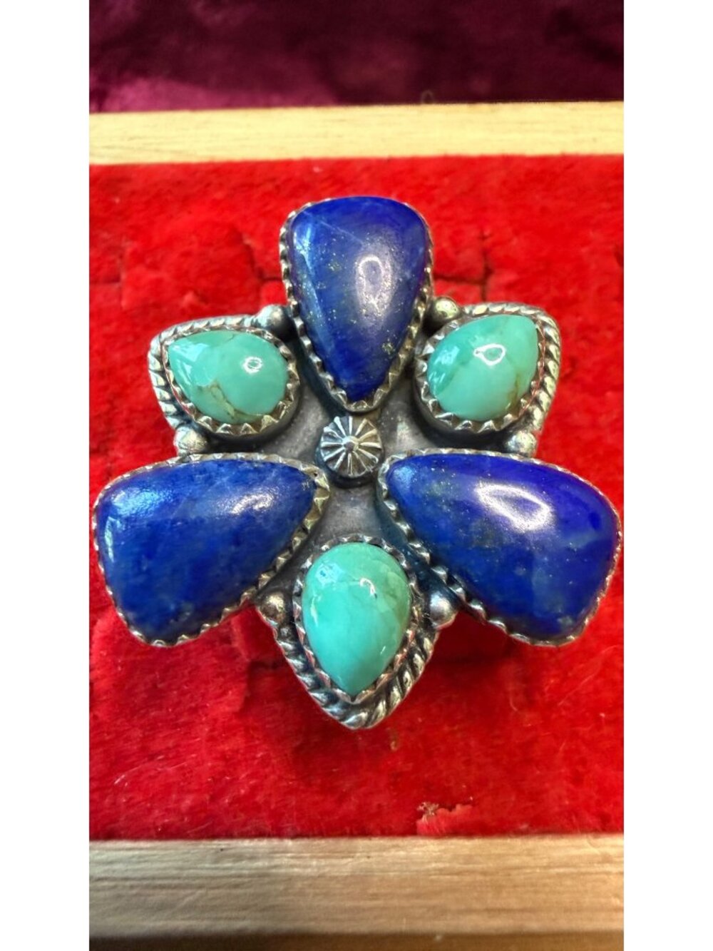 Adjustable Sterling Silver Ring With Turquoise & Lapis Lazuli Gemstones